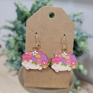 New 18k Gold Plated Cute Spring Floral Flowers Hedgehog Enamel Earrings Gift